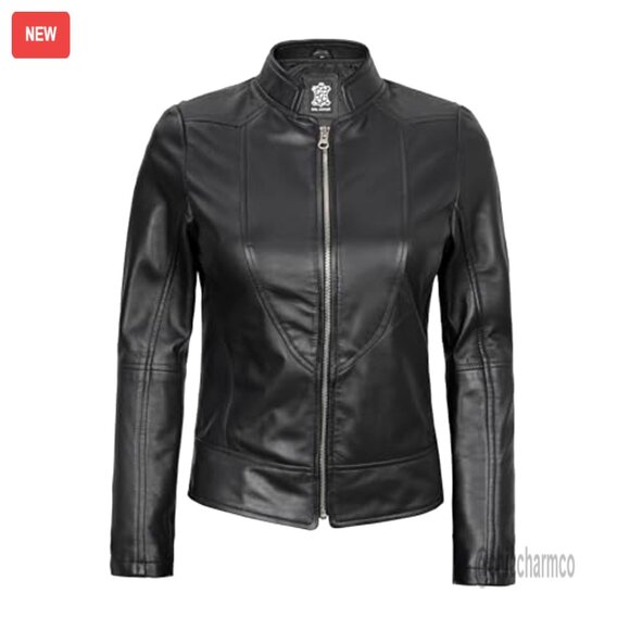 Lambskin Leather Jacket Women's Cafe Racer Style Tailored Fit - Picture 3 of 6